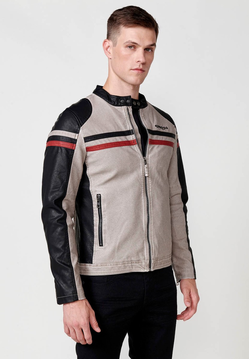 Chaqueta biker efecto piel cuello tira para hombre color crudo y negro