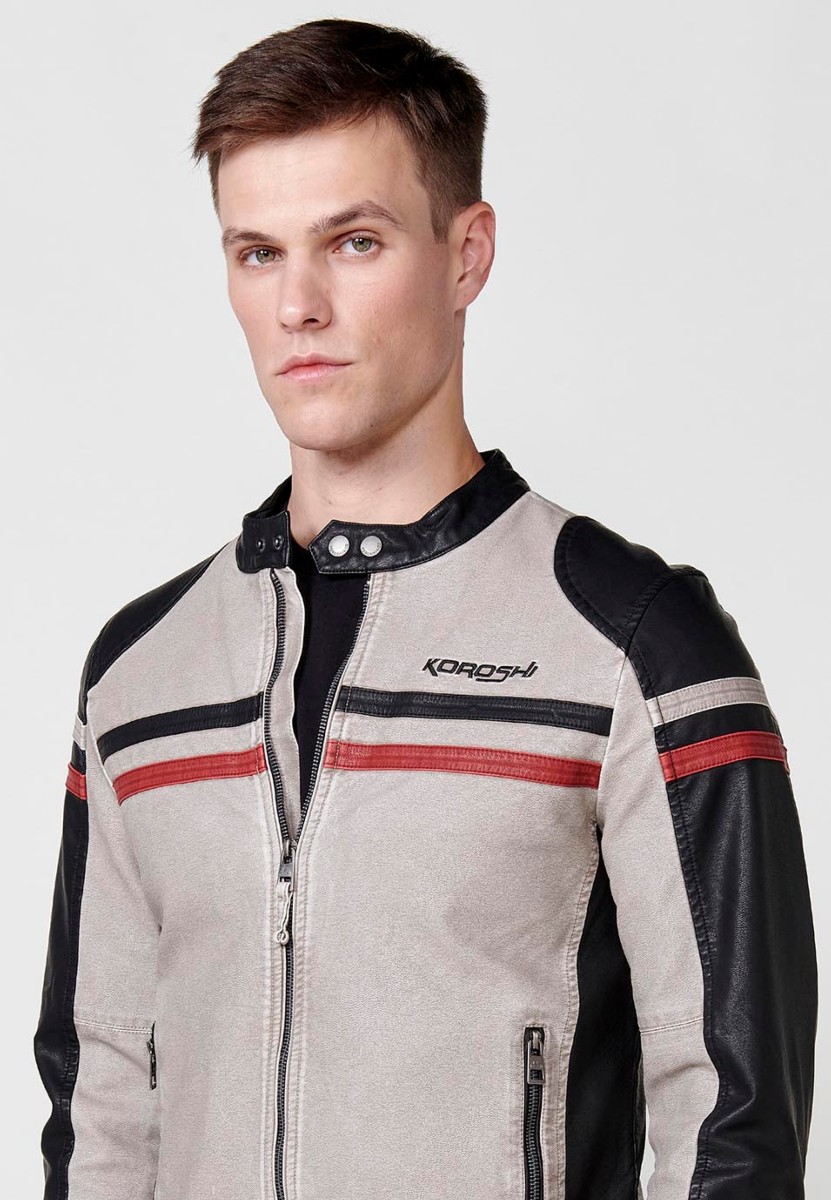 Chaqueta biker efecto piel cuello tira para hombre color crudo y negro