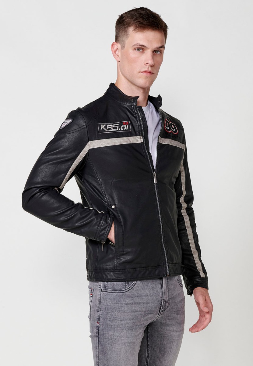 Veste de motard en similicuir pour homme avec col rayé en noir