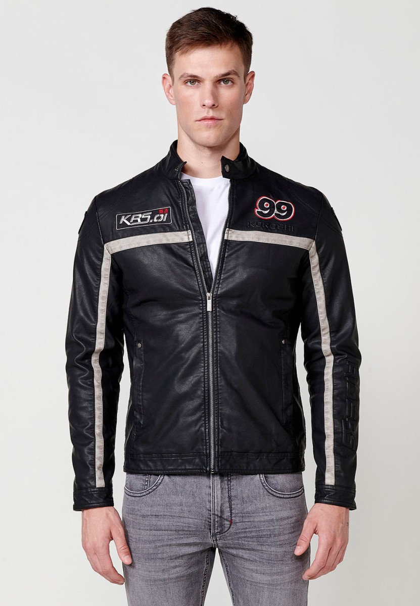 Veste de motard en similicuir pour homme avec col rayé en noir