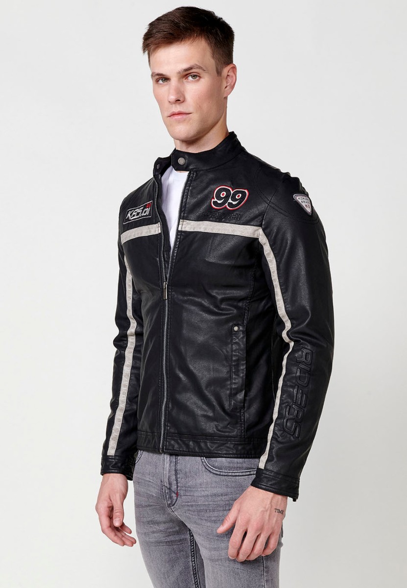 Veste de motard en similicuir pour homme avec col rayé en noir