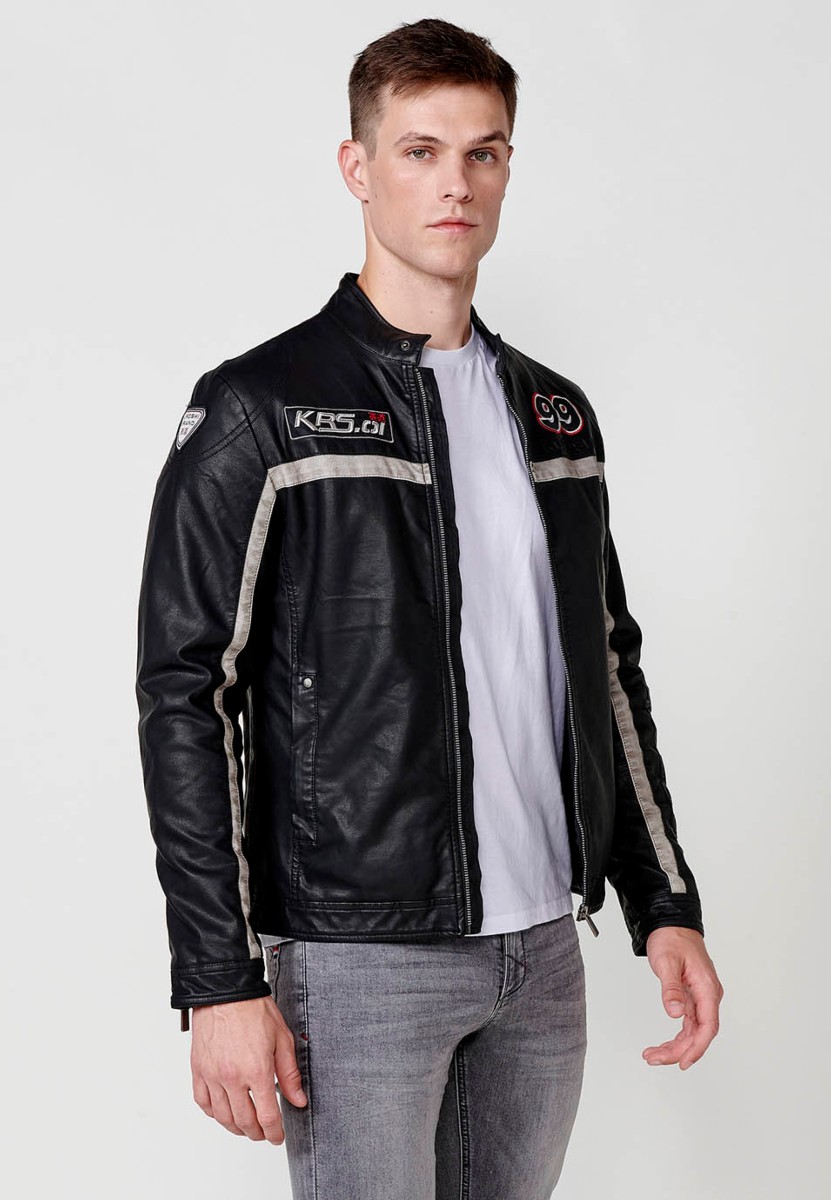 Veste de motard en similicuir pour homme avec col rayé en noir