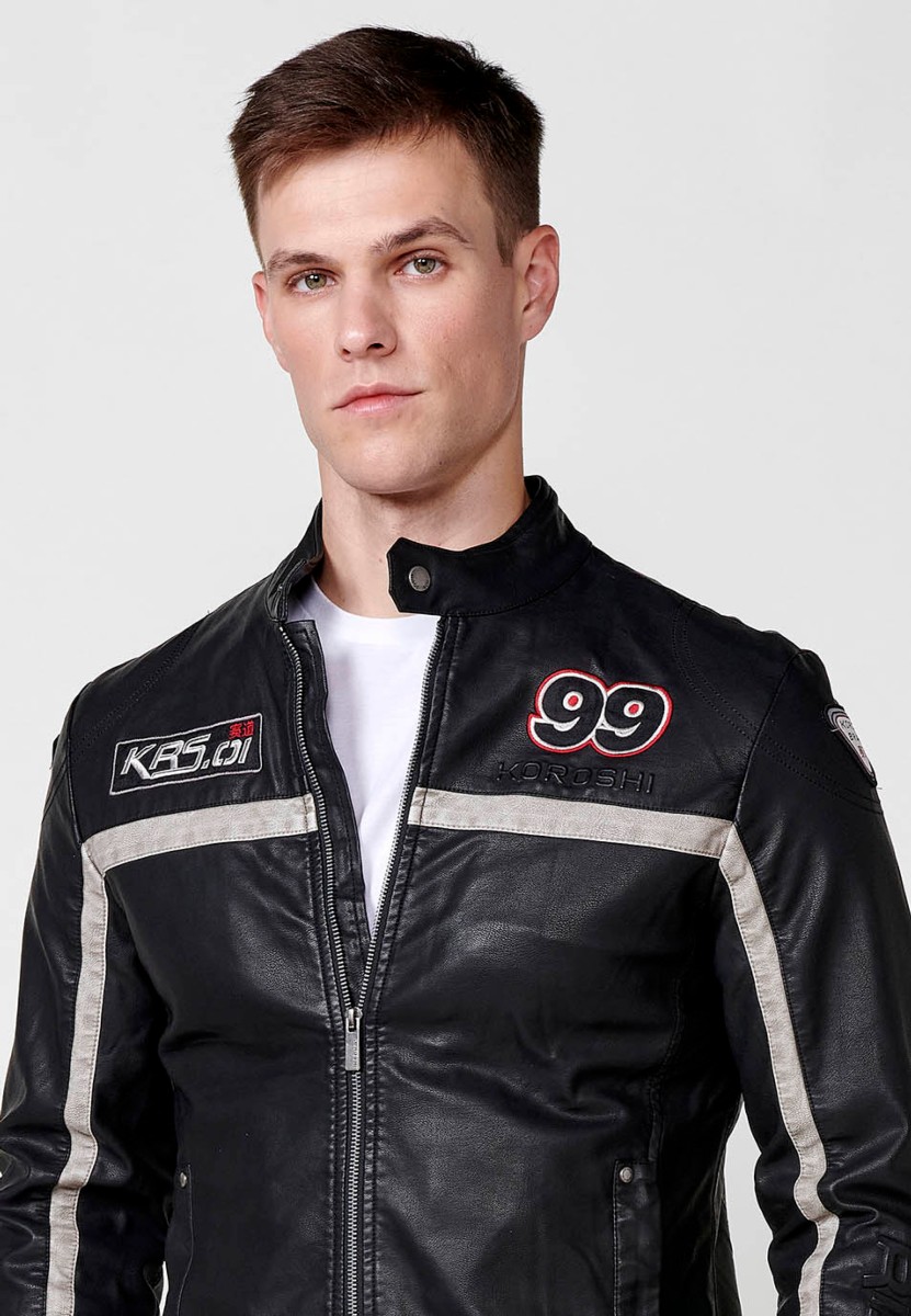 Veste de motard en similicuir pour homme avec col rayé en noir