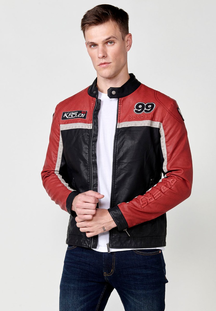 Chaqueta biker efecto piel cuello tira para hombre en color rojo y negro