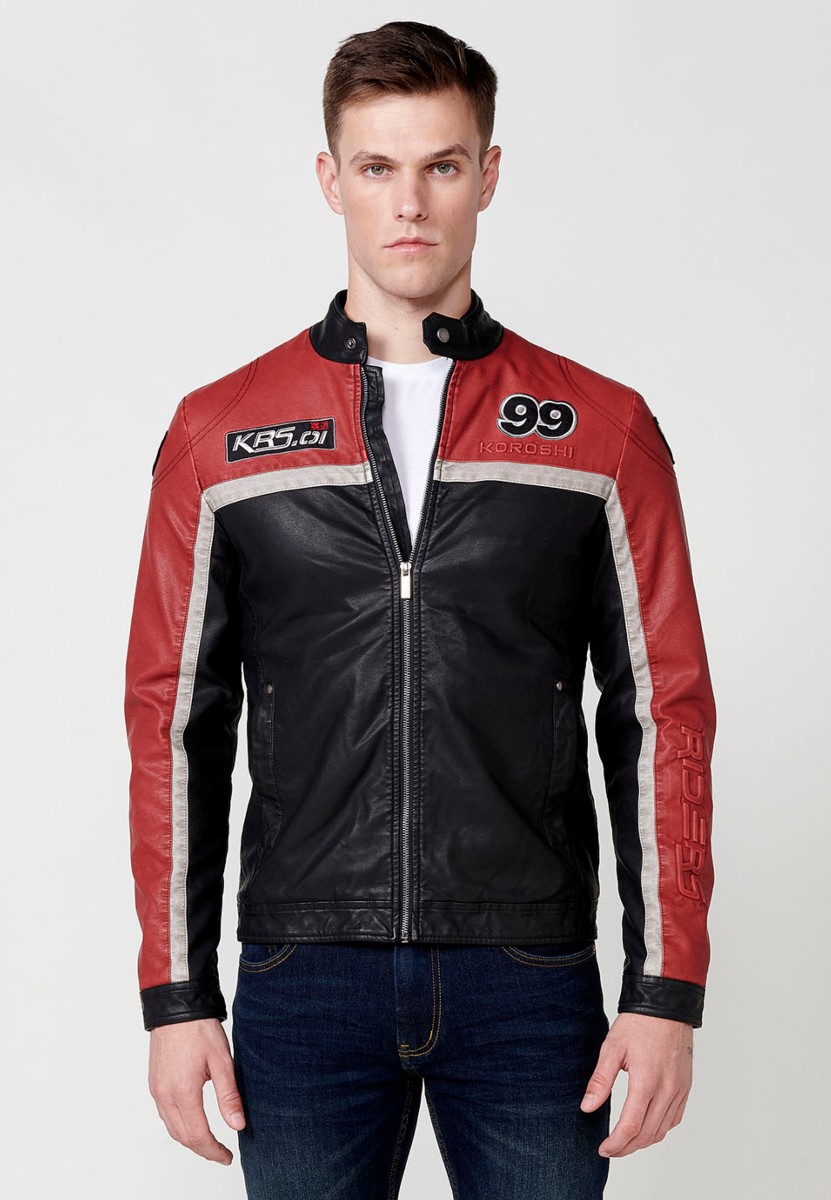 Chaqueta biker efecto piel cuello tira para hombre en color rojo y negro