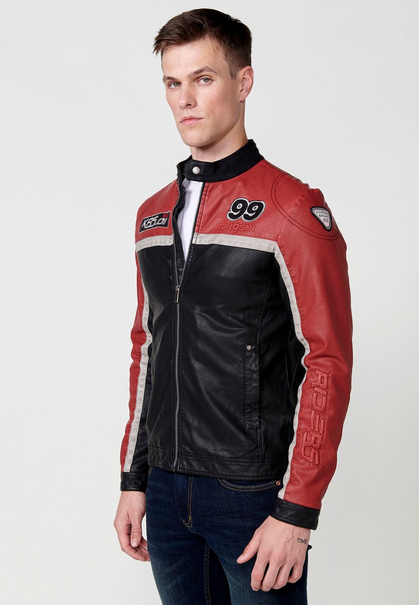 Chaqueta biker efecto piel cuello tira para hombre en color rojo y negro