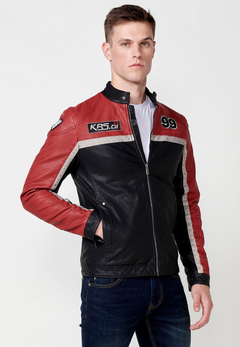 Chaqueta biker efecto piel cuello tira para hombre en color rojo y negro