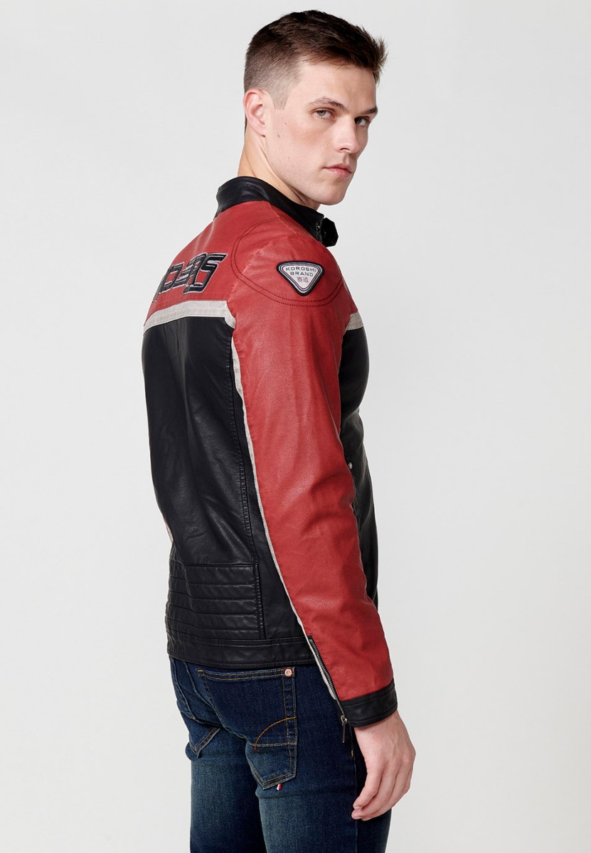 Chaqueta biker efecto piel cuello tira para hombre en color rojo y negro