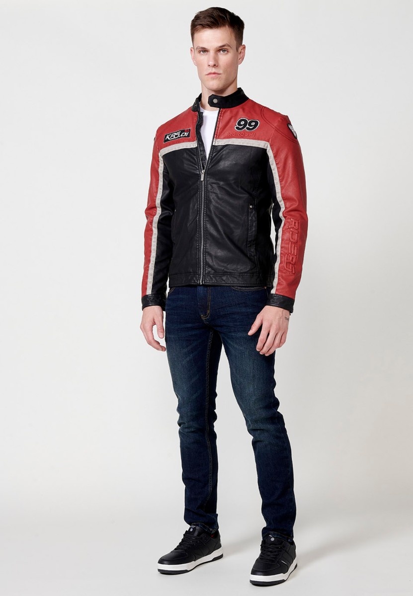 Chaqueta biker efecto piel cuello tira para hombre en color rojo y negro