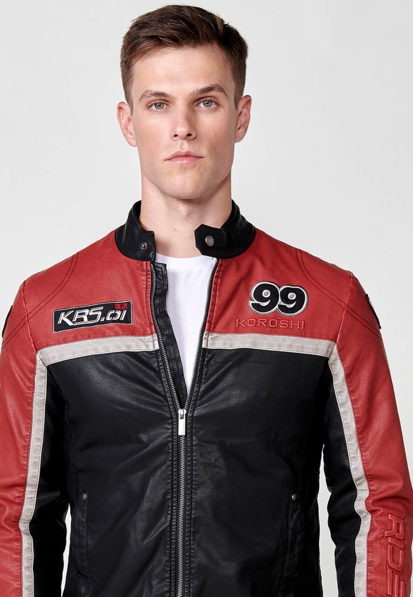 Chaqueta biker efecto piel cuello tira para hombre en color rojo y negro