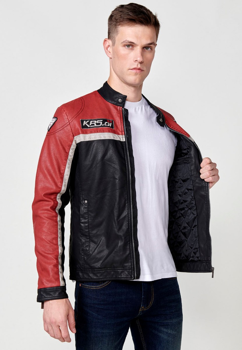 Chaqueta biker efecto piel cuello tira para hombre en color rojo y negro