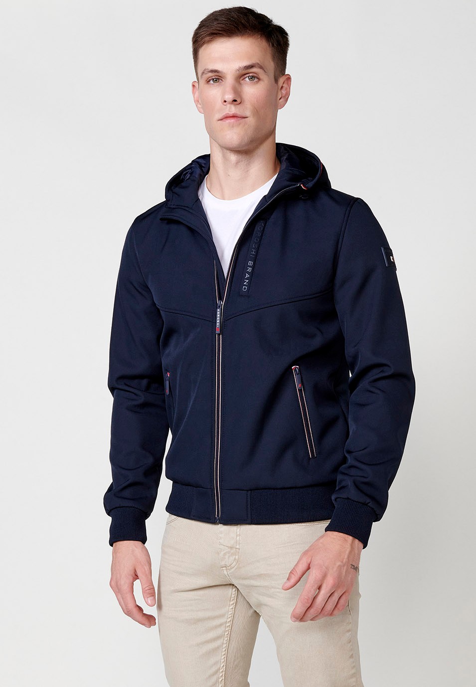 Chaqueta Cazadora con cuello con capucha y Cierre delantero con cremallera y Bolsillos con cremallera color Navy para Hombre