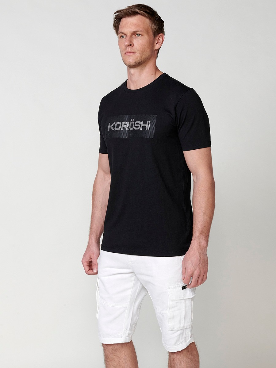 Black short sleeve t-shirt with embossed letters for men