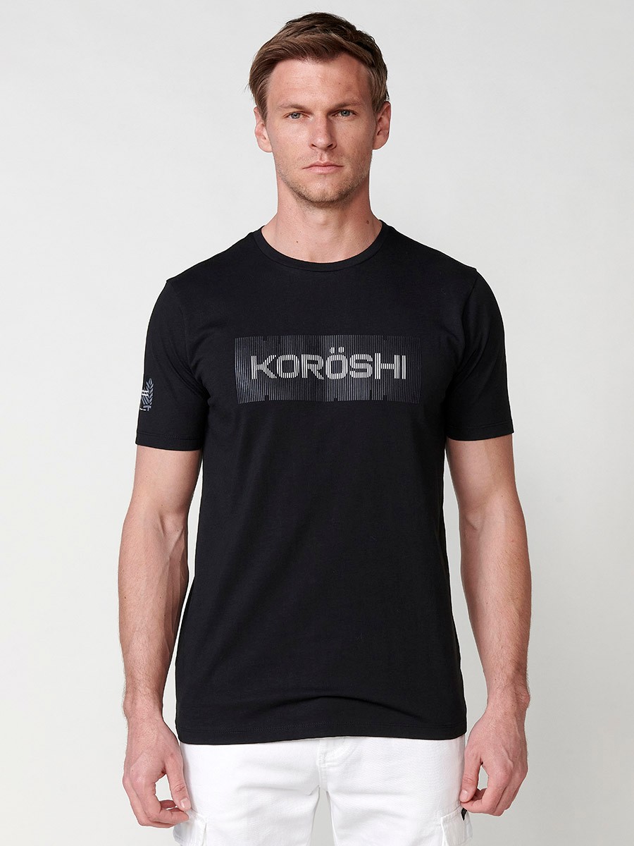 Black short sleeve t-shirt with embossed letters for men