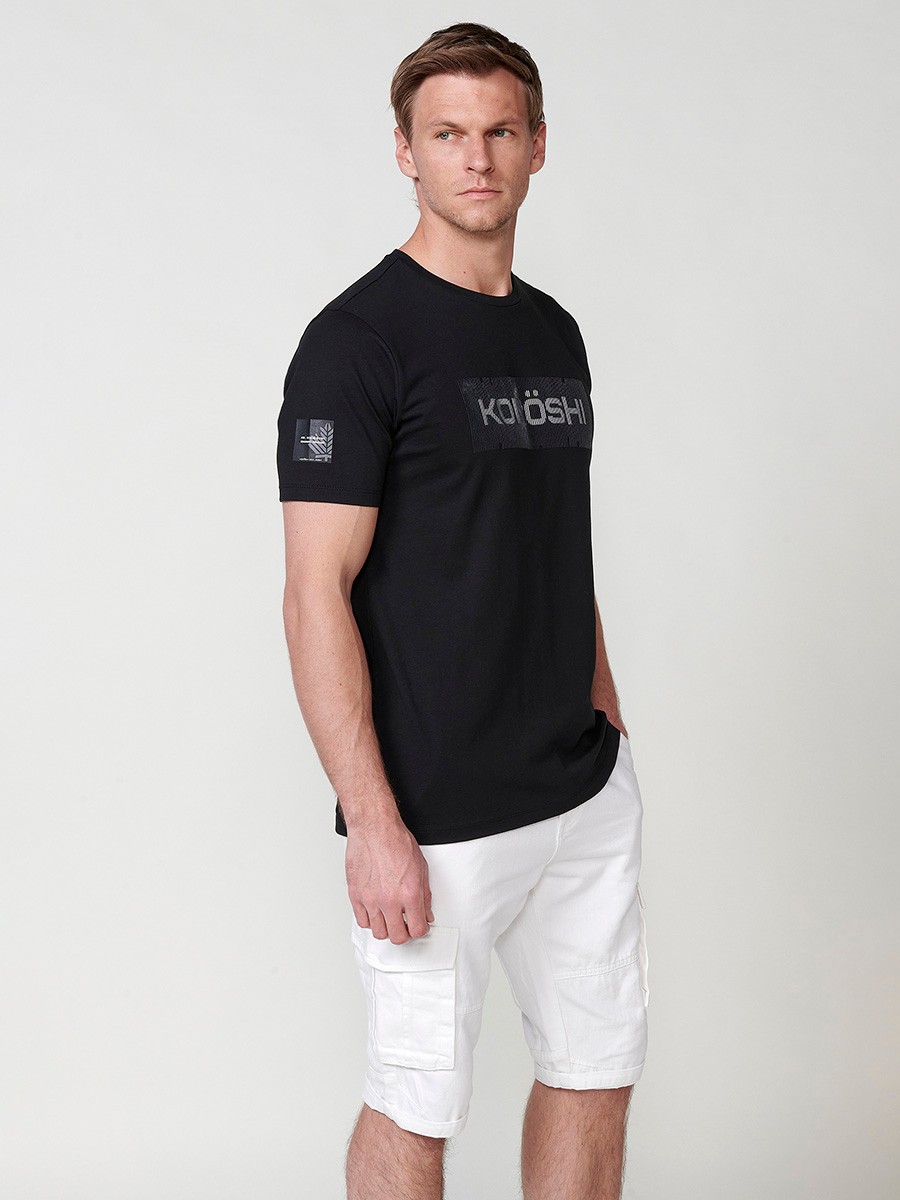 Black short sleeve t-shirt with embossed letters for men