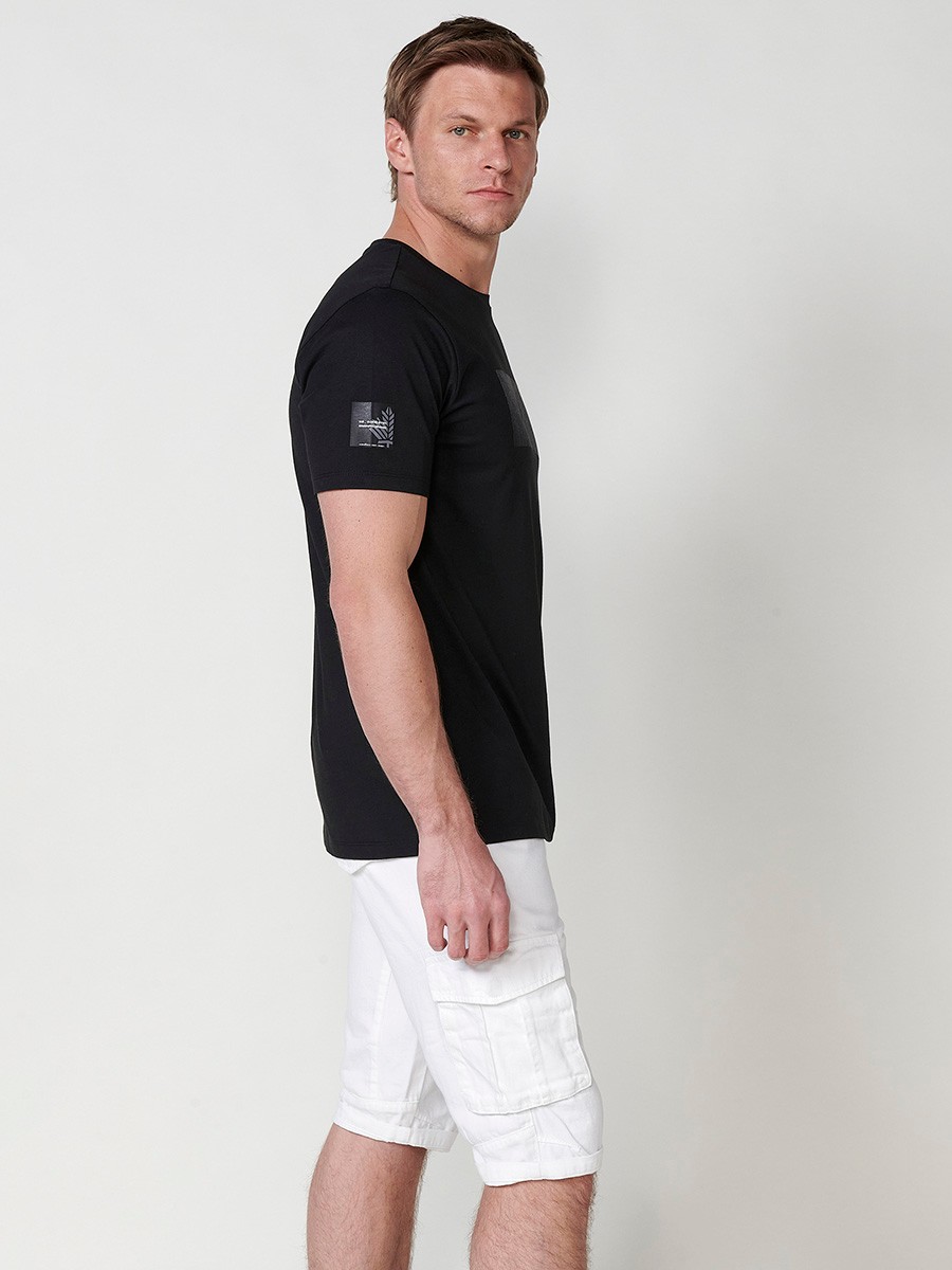 Black short sleeve t-shirt with embossed letters for men