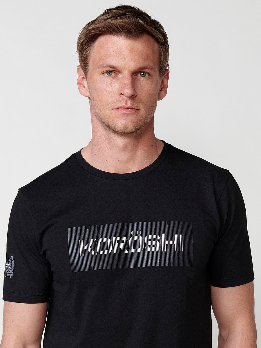 Black short sleeve t-shirt with embossed letters for men