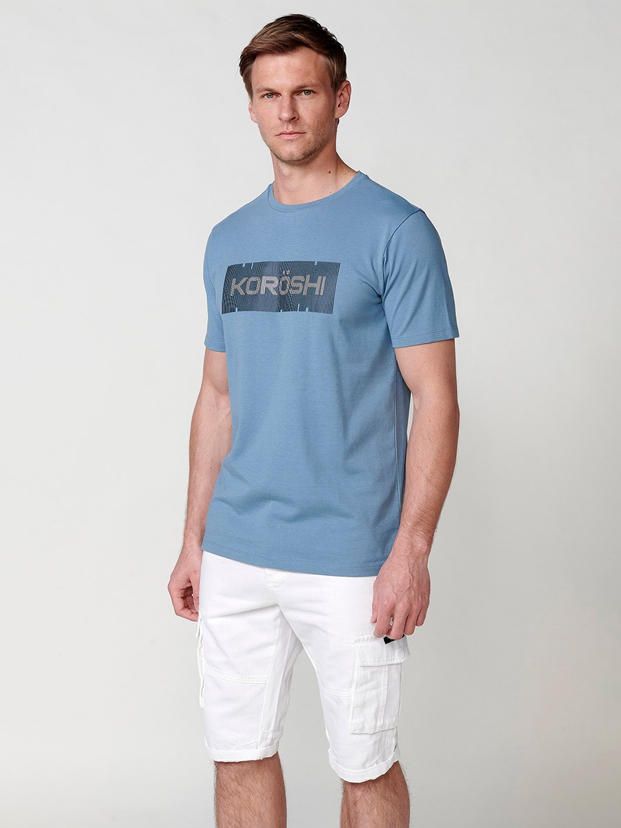 Men's Blue Short Sleeve T-Shirt with Embossed Letters