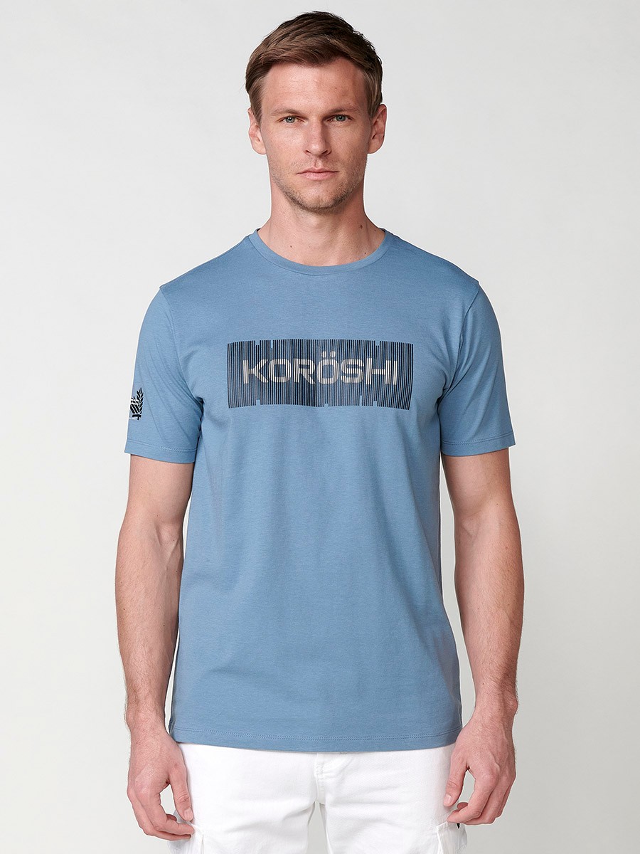 Men's Blue Short Sleeve T-Shirt with Embossed Letters