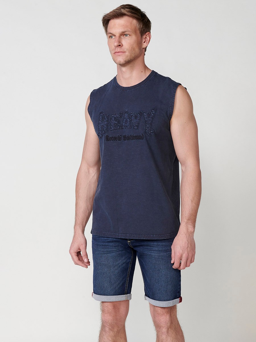 Blue sleeveless t-shirt for men with front print