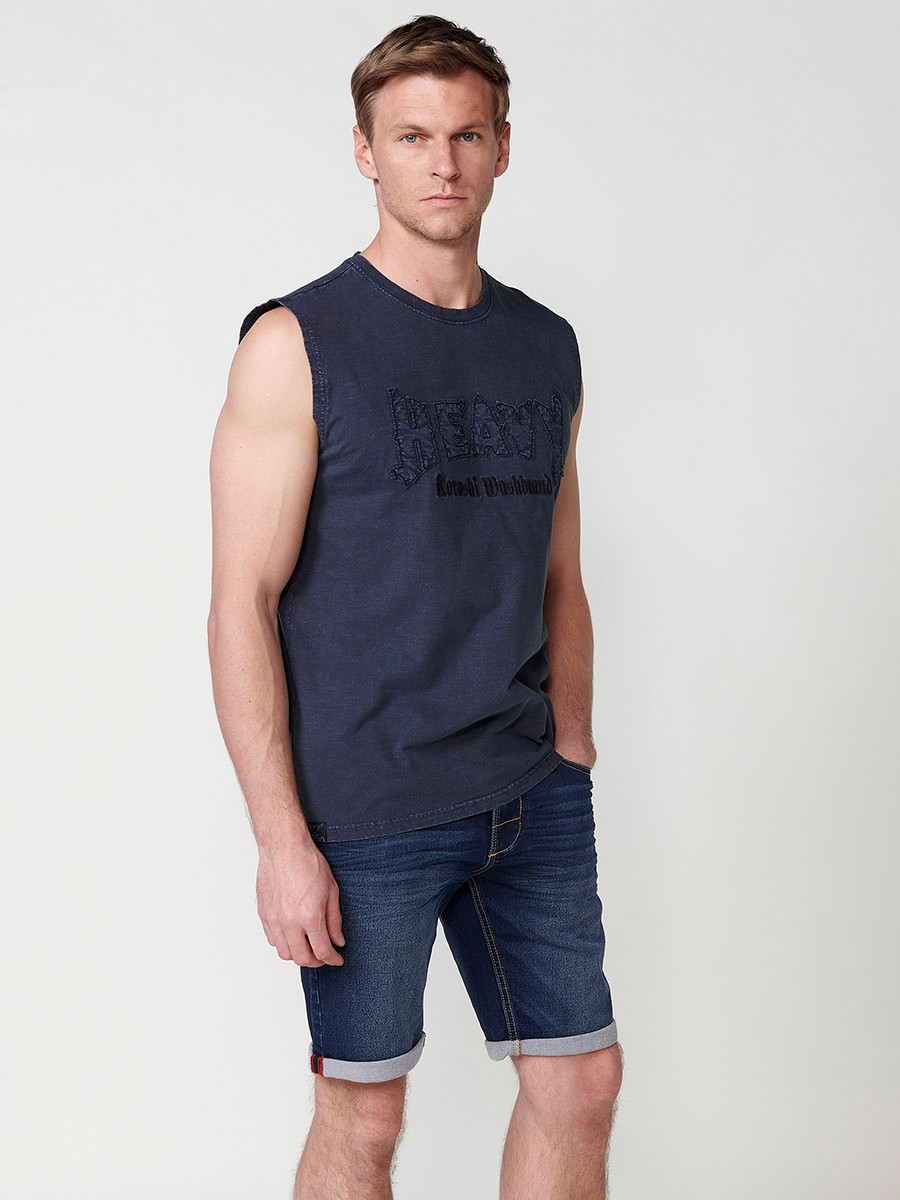 Blue sleeveless t-shirt for men with front print