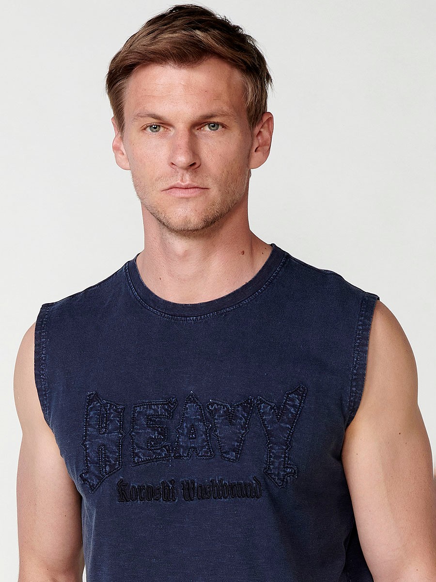 Blue sleeveless t-shirt for men with front print