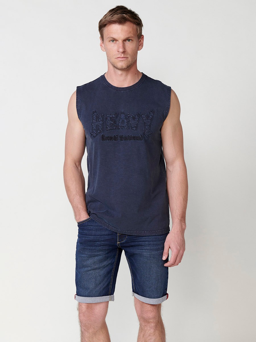 Blue sleeveless t-shirt for men with front print