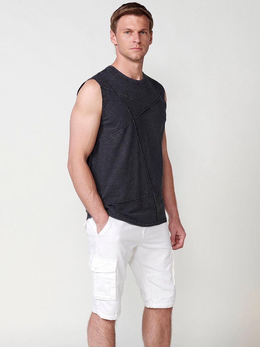 Cotton sleeveless t-shirt with geometric details for men in black