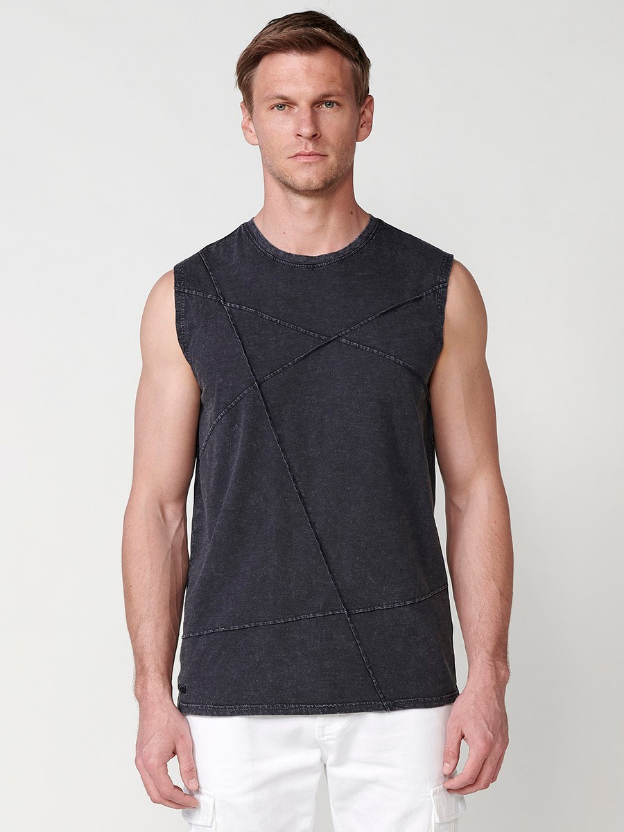 Cotton sleeveless t-shirt with geometric details for men in black