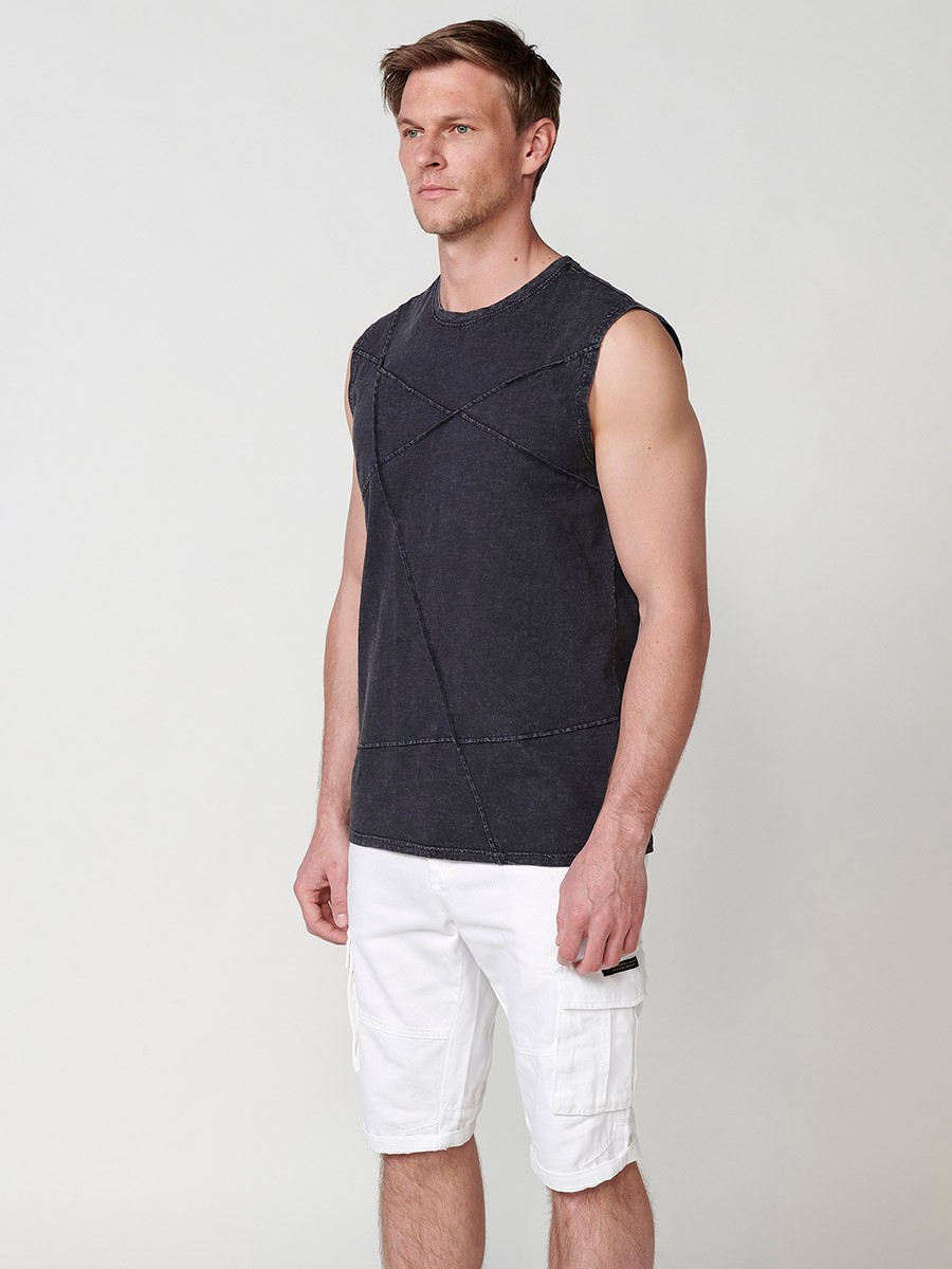 Cotton sleeveless t-shirt with geometric details for men in black