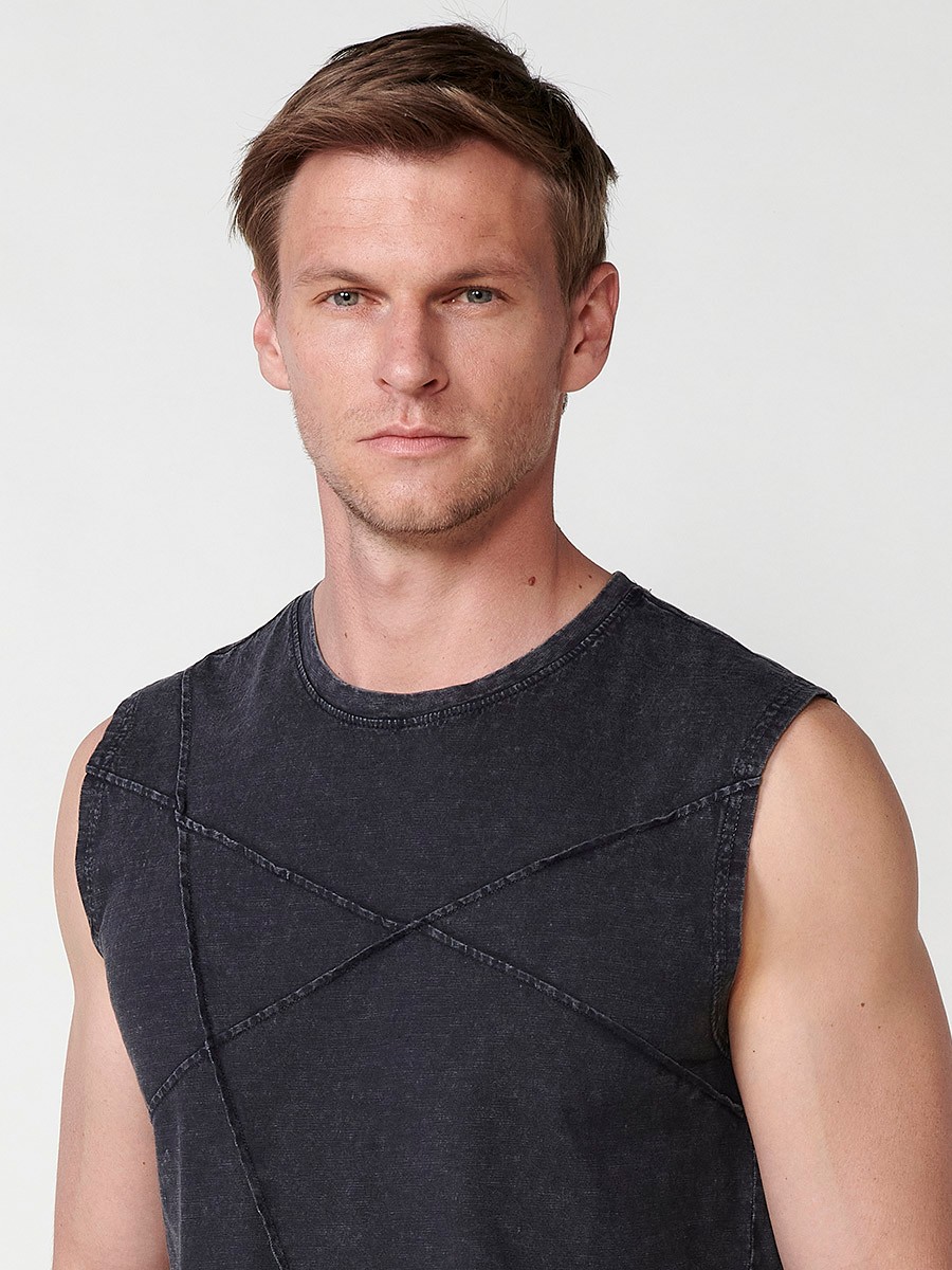 Cotton sleeveless t-shirt with geometric details for men in black