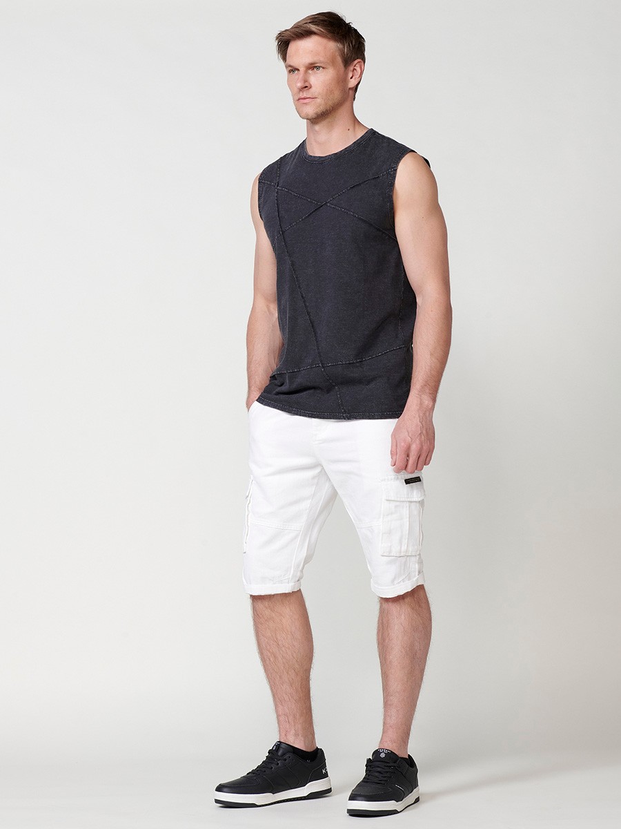 Cotton sleeveless t-shirt with geometric details for men in black