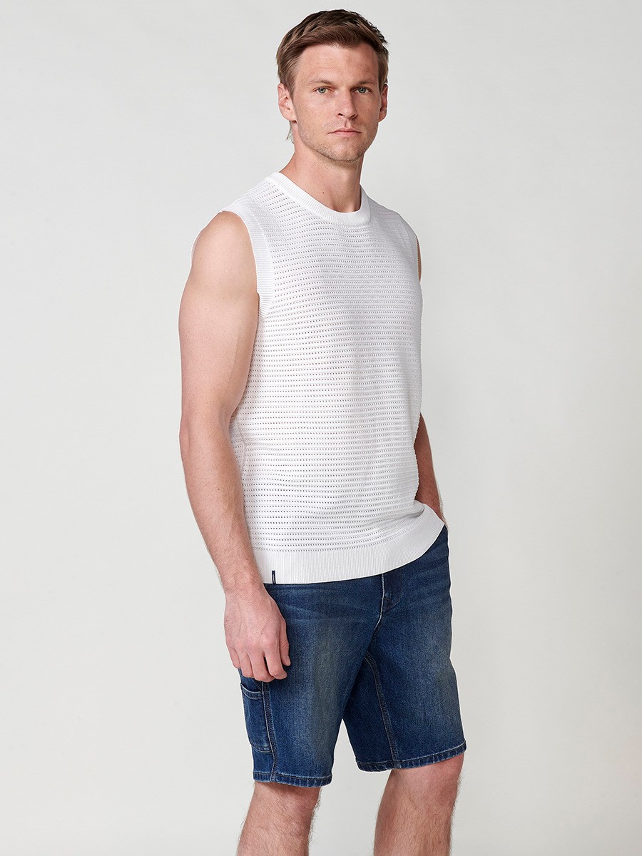 T-shirt côtelé sans manches pour homme en blanc cassé