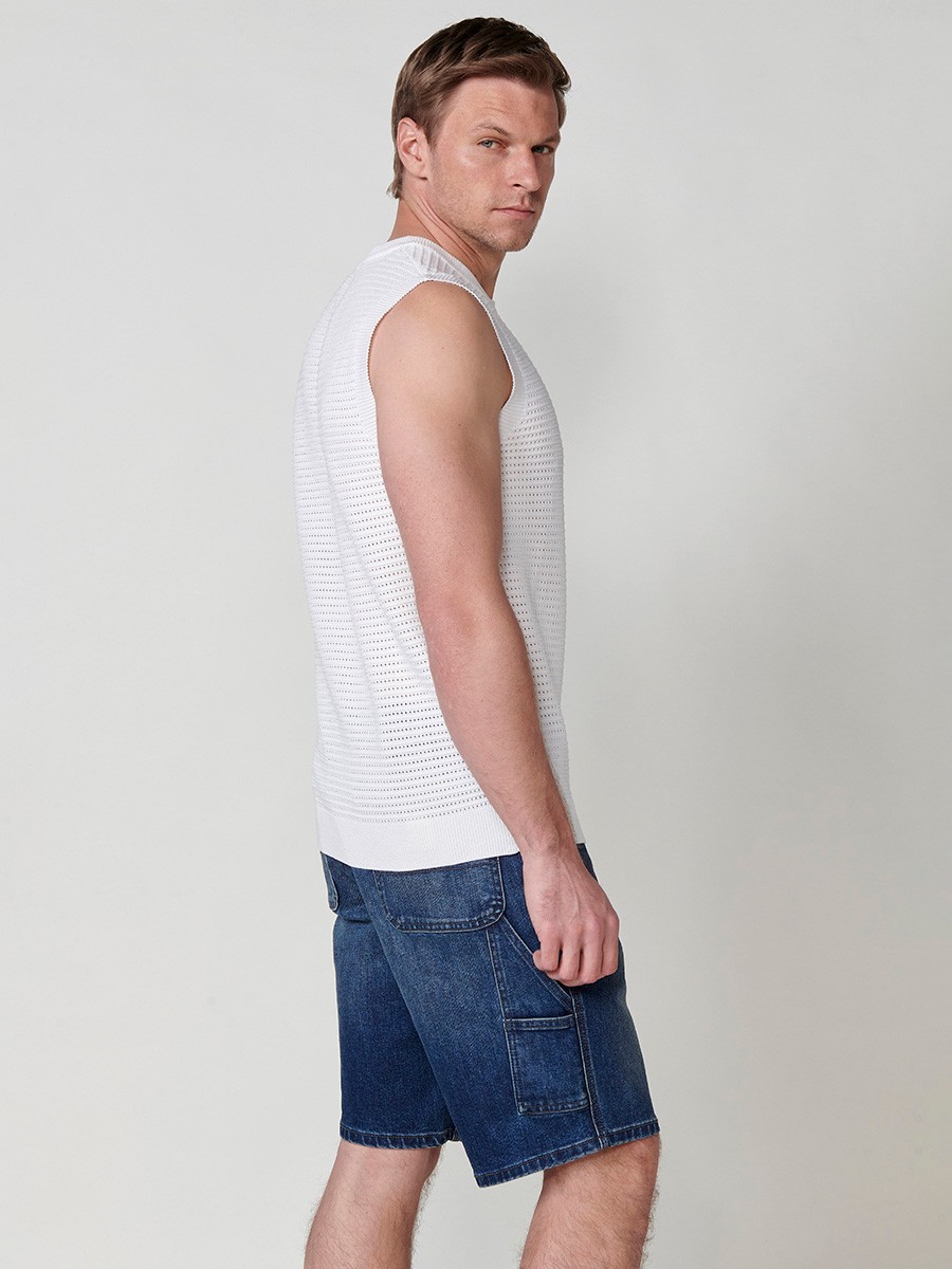 T-shirt côtelé sans manches pour homme en blanc cassé