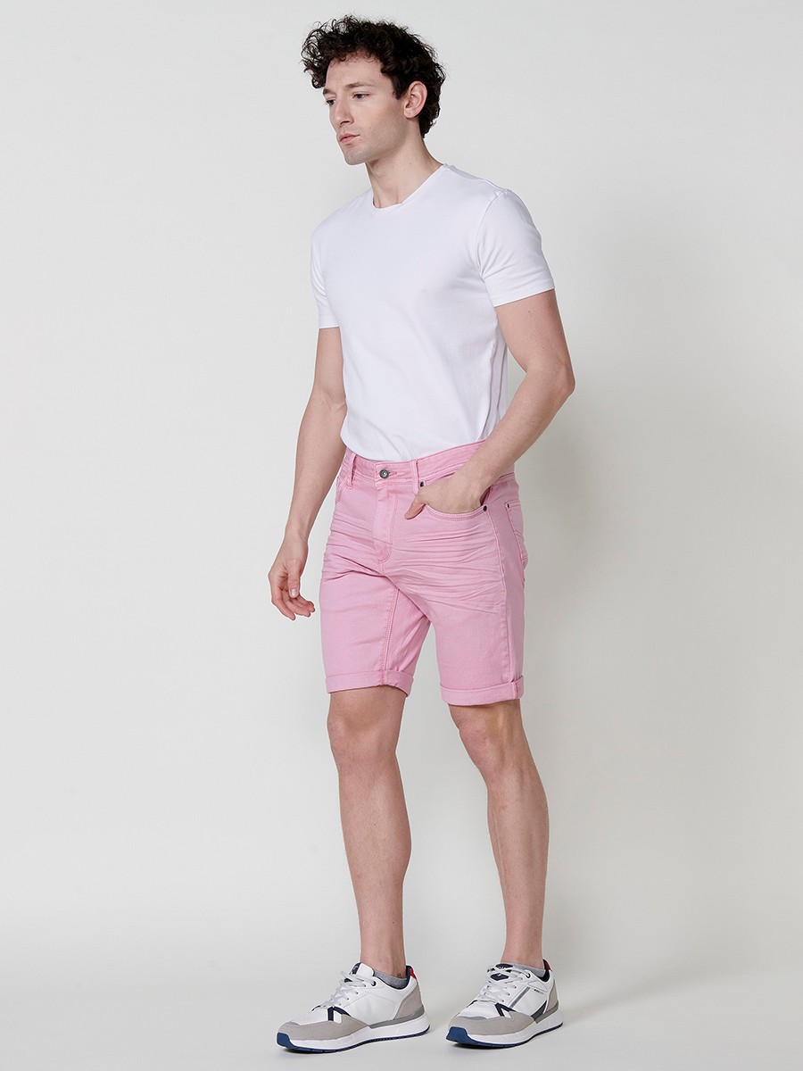 Men's Regular Fit Twill Cotton-Blend Shorts with Five Pockets in Pink