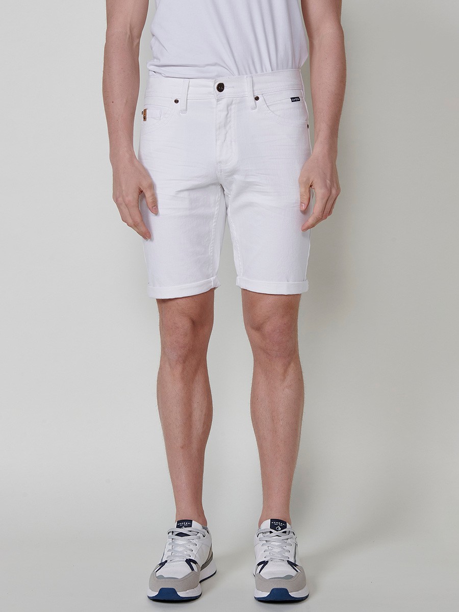 Men's Regular Fit Twill Cotton-Blend Shorts with Five Pockets in White 1