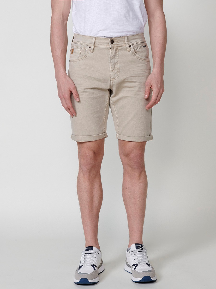 Men's Regular Fit Twill Cotton-Blend Shorts with Five Pockets in Stone 2