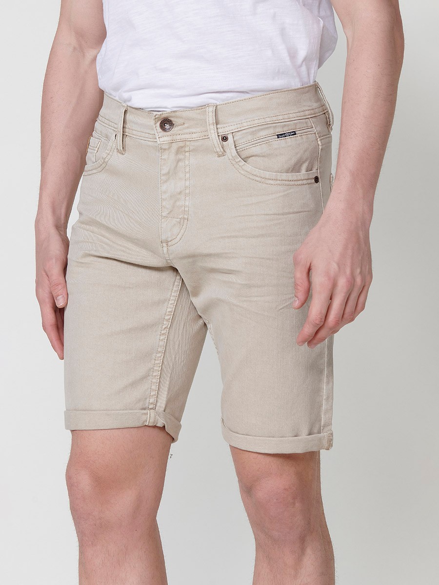 Men's Regular Fit Twill Cotton-Blend Shorts with Five Pockets in Stone 3