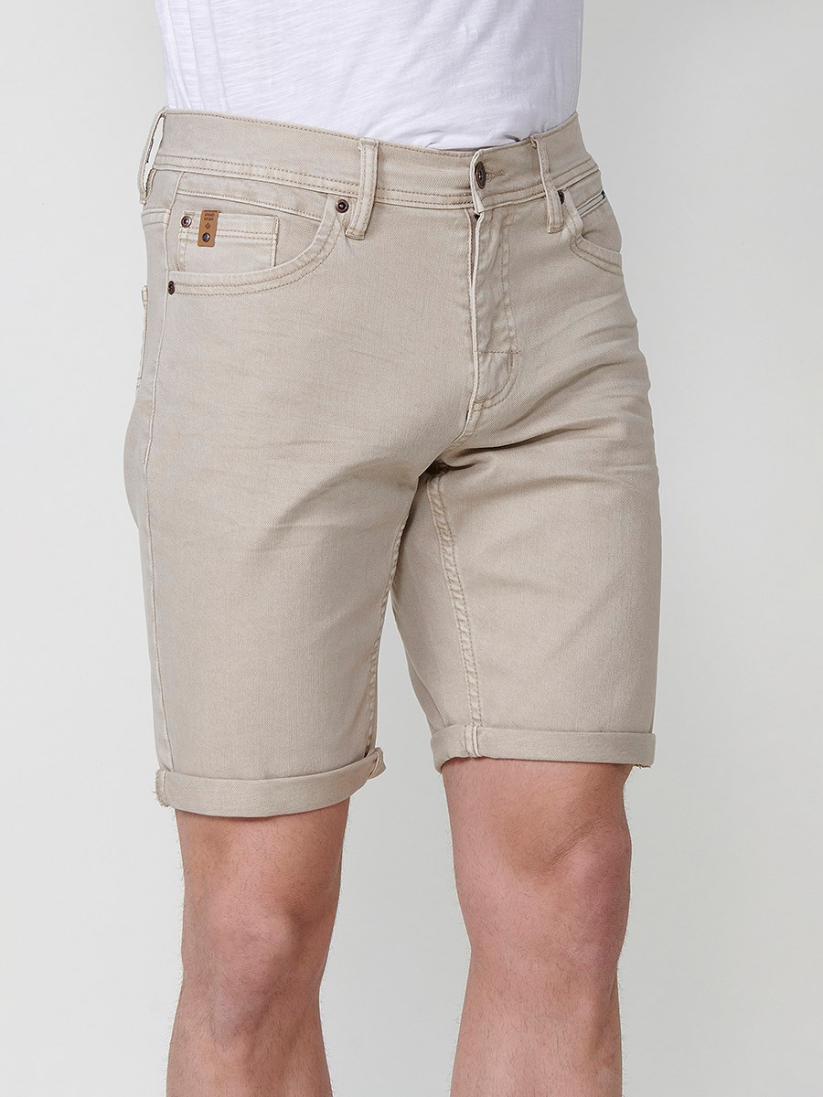 Men's Regular Fit Twill Cotton-Blend Shorts with Five Pockets in Stone 1