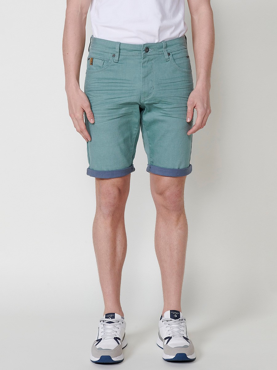 Men's Regular Fit Twill Stretch Shorts with Washed Effect and Blue Interior Cuff in Green 2