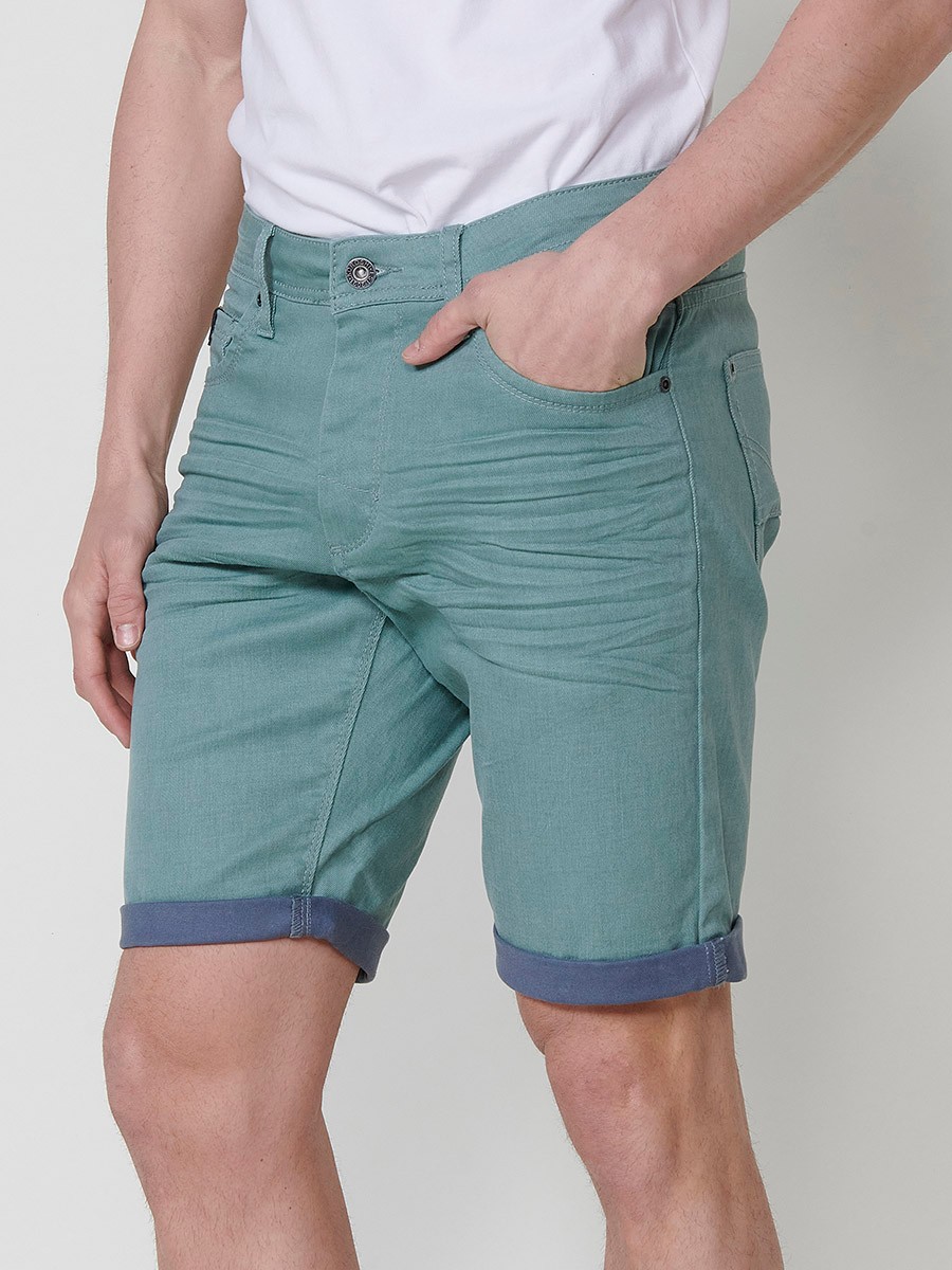 Men's Regular Fit Twill Stretch Shorts with Washed Effect and Blue Interior Cuff in Green 1