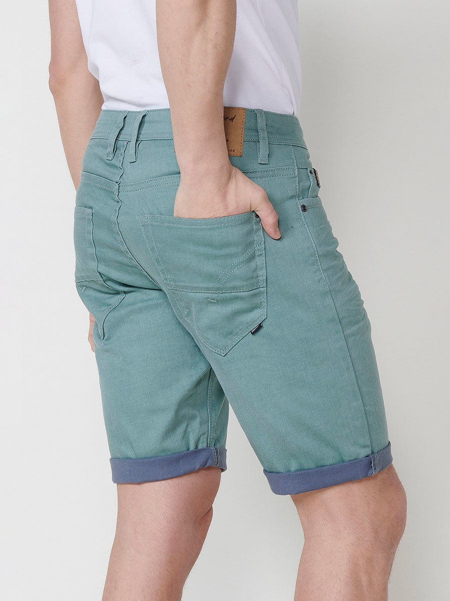 Men's Regular Fit Twill Stretch Shorts with Washed Effect and Blue Interior Cuff in Green 3