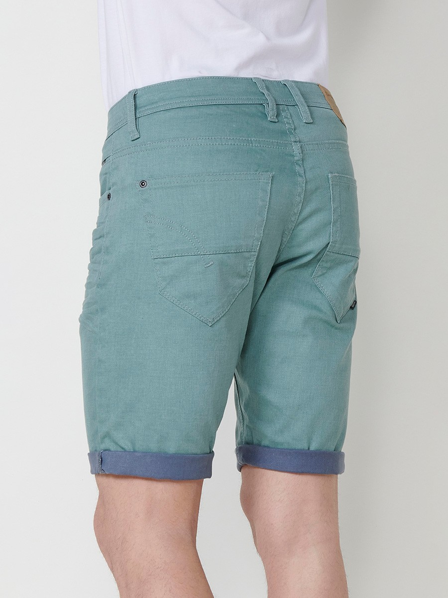 Men's Regular Fit Twill Stretch Shorts with Washed Effect and Blue Interior Cuff in Green 9