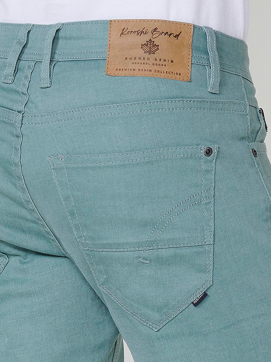 Men's Regular Fit Twill Stretch Shorts with Washed Effect and Blue Interior Cuff in Green 8