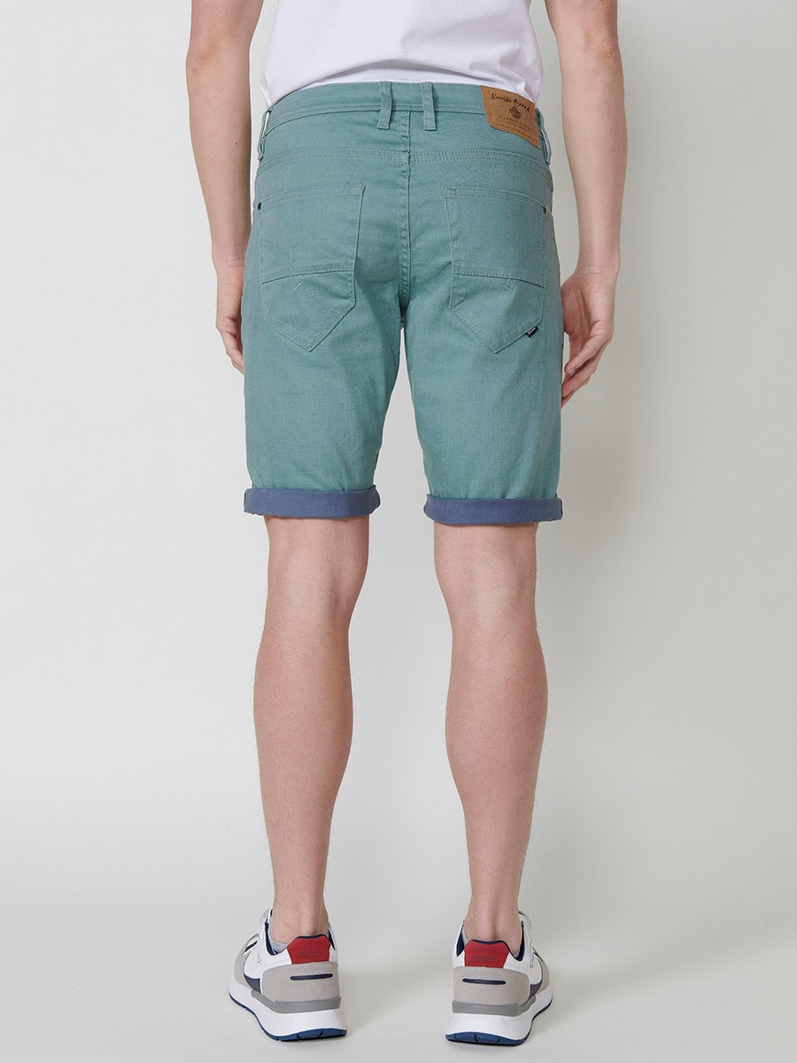 Men's Regular Fit Twill Stretch Shorts with Washed Effect and Blue Interior Cuff in Green 6