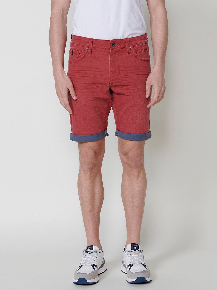 Men's Regular Fit Twill Cotton-Blend Shorts with Washed Effect and Blue Interior Cuff in Red 4