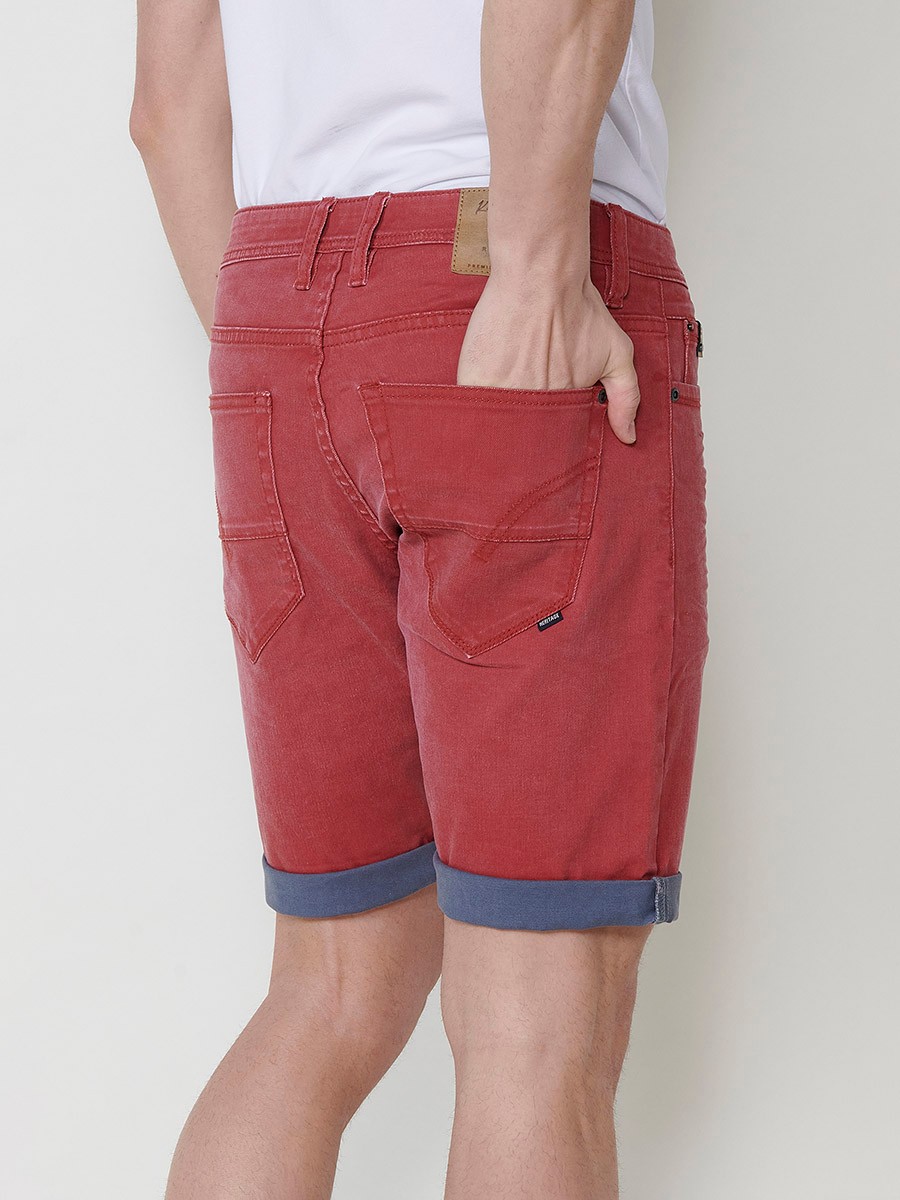 Men's Regular Fit Twill Cotton-Blend Shorts with Washed Effect and Blue Interior Cuff in Red 3