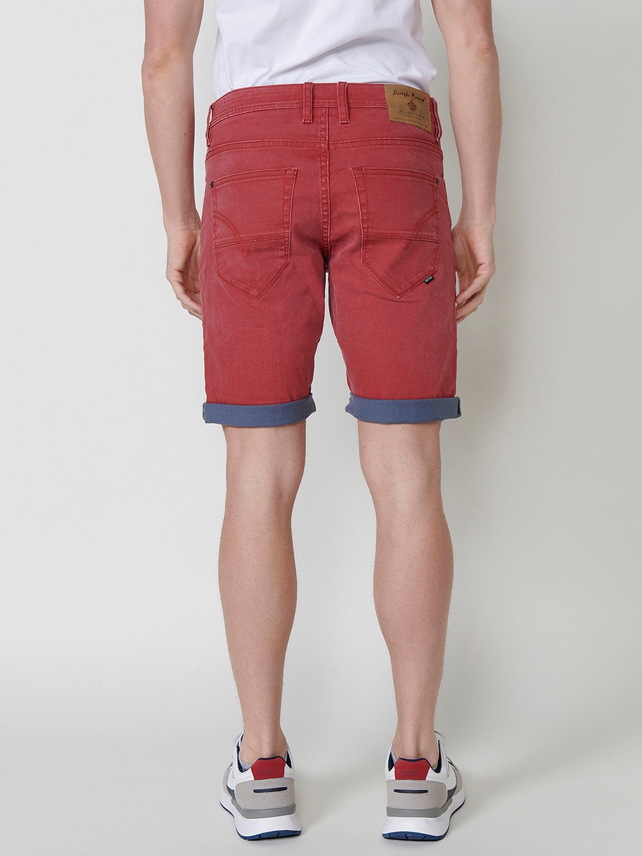 Men's Regular Fit Twill Cotton-Blend Shorts with Washed Effect and Blue Interior Cuff in Red 8