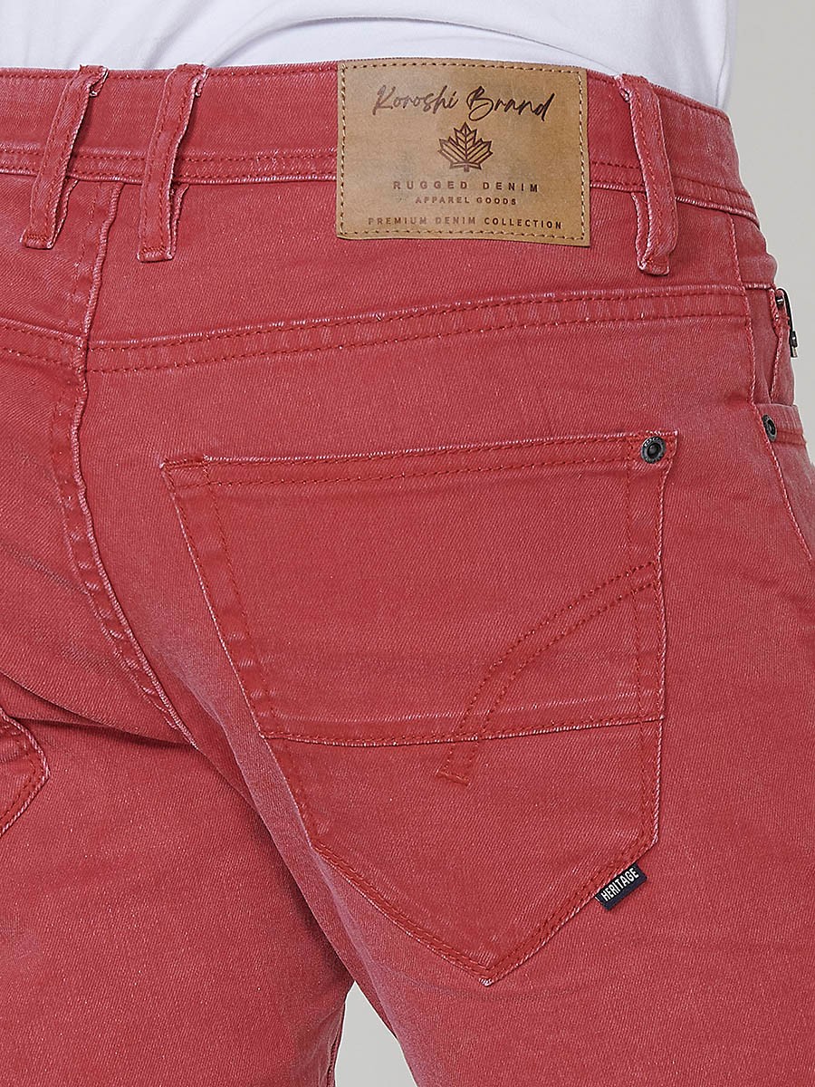 Men's Regular Fit Twill Cotton-Blend Shorts with Washed Effect and Blue Interior Cuff in Red 9