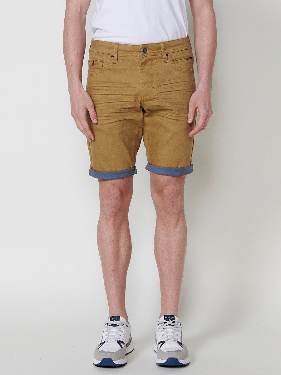 Men's Regular Fit Twill Cotton-Blend Shorts with Washed Effect and Blue Interior Cuff in Ocher 1